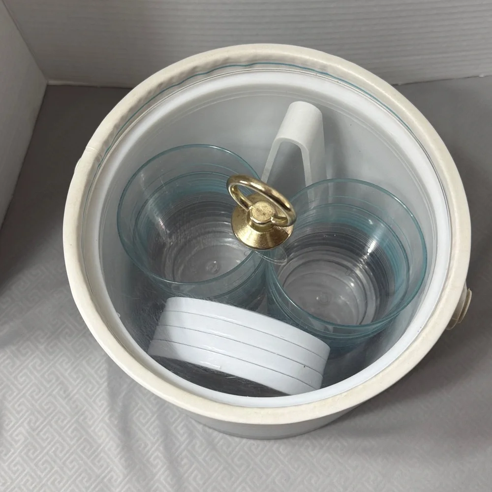 Vintage Ice Bucket 4 Glasses 4 Coasters Tongs Set in Aqua, Navy & White Stripes